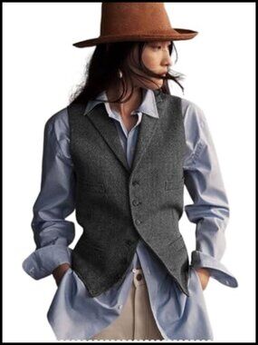 Women's Herringbone Tweed Vest Sleeveless V-Neck Blazer Office Business